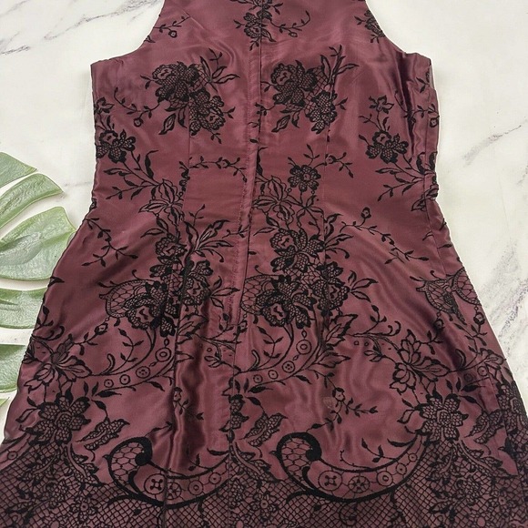 XOXO Womens Vintage Y2k Mini Dress Size 11 Burgundy Black Flocked Lace Print - Picture 8 of 9